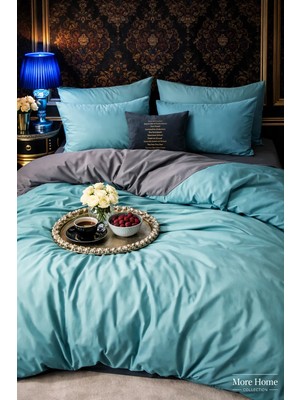 More Home  Çift Kişilik Yorgan Kılıfı + 2 Yastık Kılıfı Mavi-Antrasit
