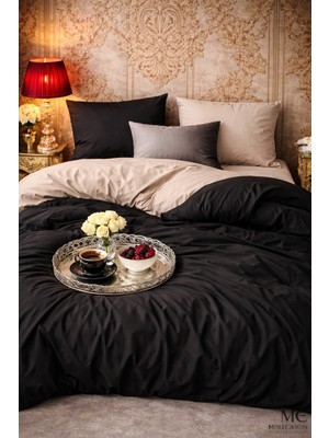 More Home Tek  Kişilik Yorgan Kılıfı + Yastık Kılıfı  (Çarşafsız) Siyah-Bej