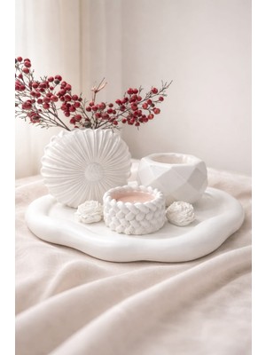 Lenisa Home Çiçek Desenli Vazo Minimal Mumluklar ve Doğal Tepsisi ve Minik Çiçek Detayarı ile 6'lı Set Doğal Taş Tozu