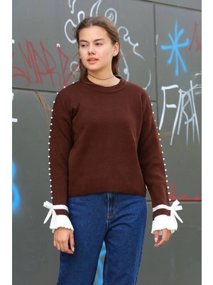 Pazarcan Boncuklu Bile Detaylı Kazak Kahve