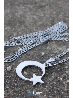 Bluem Ay Yıldız Türk Bayrağı Çelik Kolye - Kararmaz Çelik