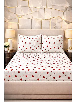 More Home Tek Kişilik Lastikli Çarşaf  Seti + Yastık Kılıfı Kalp Desenli Beyaz Kırmızı