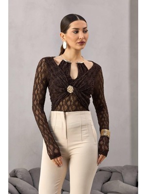 Lifera Düğme Detaylı Dantel Bluz
