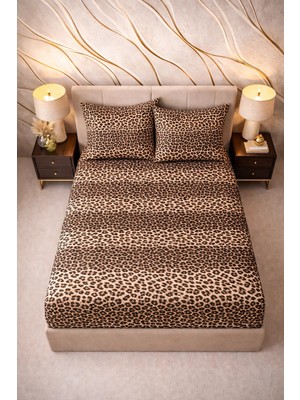 More Home Çift Kişilik Lastikli Çarşaf  Seti Yastık Kılıfı Leoparlı