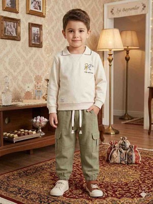 Cocosiss 21131 Erkek Çocuk Ikili Krem Yeşil Pantolon Uzun Kollu Polo Yaka Takim