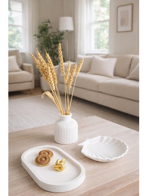 Lenisa Home 3'lü Doğal Taş Tozu Set Iskandinav Tarzı Vazo,istiridye Tabak ve Oval Tepsi