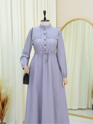 Modamorfo Cepleri Taşlı Beli Bağlamalı Kolu Lastikli Elbise  -Gri