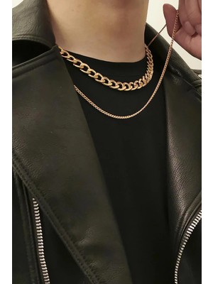 Bluem Sarı Ikili Kalın Ince Arpa Zincir Erkek Kolye- Ithal Kararmaz Çelik Zincir Kolye