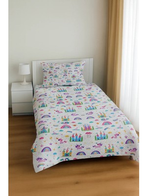Bebişim Halı Unicorn Şato Gökkuşağı Desenli Tek Kişilik Pike Takımı Çocuk Odası Pike Yatak Örtüsü