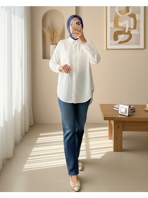 Modamorfo Tek Cepli Düğmeli Keten Gömlek -Beyaz