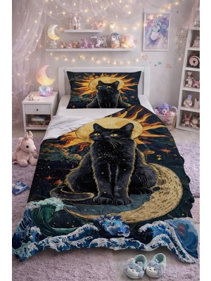 Bebişim Halı Siyah Kedi Tek Kişilik Pike Takımı Modern Pike Yatak Örtüsü