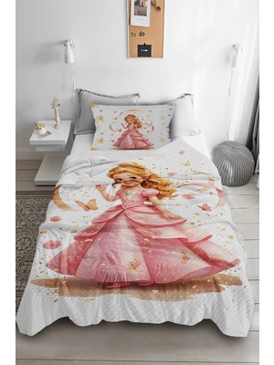 Bebişim Halı Prenses Masal Kız Desenli Tek Kişilik Pike Takımı Çocuk Odası Pike Yatak Örtüsü