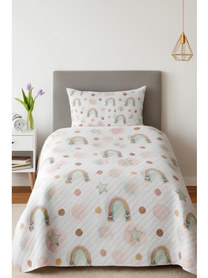 Bebişim Halı Gökkuşağı Yıldız Desenli Tek Kişilik Pike Takımı Çocuk Odası Pike Yatak Örtüsü