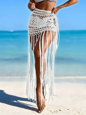 Ekru Bikini Etek,kadın Bohem Tığ Işi Pareo– Bikini Üstü Plaj Kombini-Plaj & Beach Club Kombin