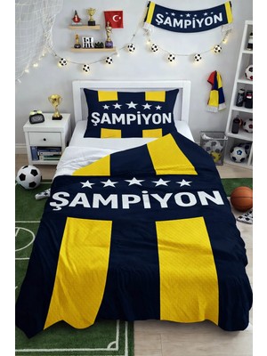 Bebişim Halı Şampiyon Sarı Lacivert Taraftar Tek Kişilik Pike Takımı Çocuk Odası Pike Yatak Örtüsü