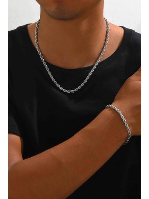 Bluem Paslanmaz Çelik Sarı Burgu Erkek Zincir Bileklik ve Kolye Seti - Ithal Kararmaz Zincir Kolye