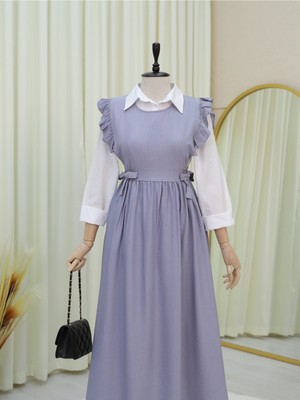 Modamorfo Beli Bağlamalı Fırfır Detaylı Jile Elbise -Gri