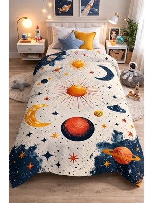 Bebişim Halı Gezegen Uzay Tek Kişilik Pike Takımı Çocuk Odası Pike Yatak Örtüsü