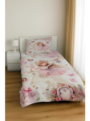 Bebişim Halı Unicorn Peri Masalı Desenli Tek Kişilik Pike Takımı Çocuk Odası Pike Yatak Örtüsü