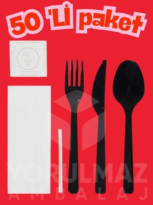 Yorulmaz Ambalaj 🖤🍴🥄🔪 Siyah Tekli Ambalajlı Çatal Kaşık Bıçak Seti – Tuz & Kürdan Dahil 50 Adet