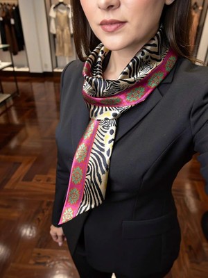 Kadın Zebra Desen Saten Ince Fular – Çanta & Boyun Bağlamaya Uygun, Hediye Seçeneği