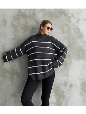 Pazarcan Çizgili Ispanyol Kol Triko Boğazlı Kazak Antrasit Elf