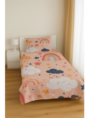 Bebişim Halı Bulut Yıldız Gökkuşağı Desenli Tek Kişilik Pike Takımı Çocuk Odası Pike Yatak Örtüsü