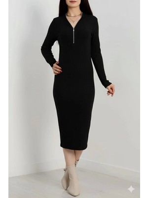 Pazarcan Fermuar Detaylı Fitilli Şardonlu Elbise Siyah