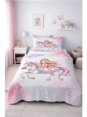 Bebişim Halı Prenses Unicorn Tek Kişilik Pike Takımı Çocuk Odası Pike Yatak Örtüsü