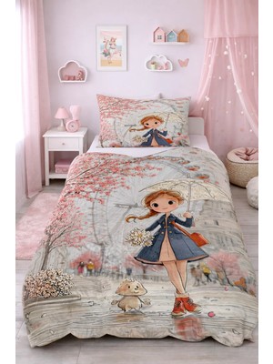 Bebişim Halı Şemsiyeli Kız Tek Kişilik Pike Takımı Çocuk Odası Pike Yatak Örtüsü