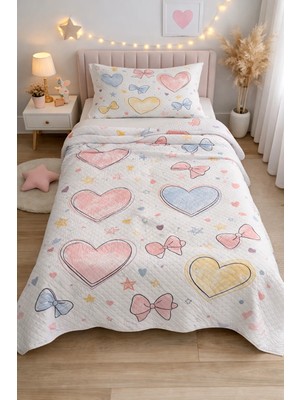 Bebişim Halı Kalpli Fiyonk Tek Kişilik Pike Takımı Çocuk Odası Pike Yatak Örtüsü