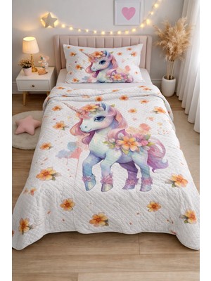 Bebişim Halı Çiçekli Unicorn Tek Kişilik Pike Takımı Çocuk Odası Pike Yatak Örtüsü