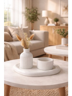 Lenisa Home 3'lü Taş Tozu Set Iskandinav Vazo, Minimal Mumluk ve Doğal Görünümü ile Tepsi