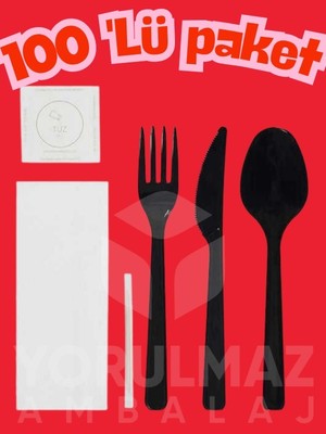 Yorulmaz Ambalaj 🖤🍴🥄🔪 Siyah Tekli Ambalajlı Çatal Kaşık Bıçak Seti – Tuz & Kürdan Dahil 100 Adet