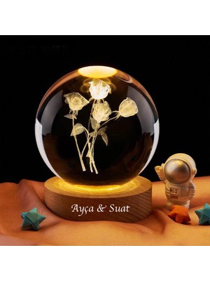Hediyesahibi Kişiye Özel Işıklı Ahşap Gül Buketi Kristal Cam Küre 6cm