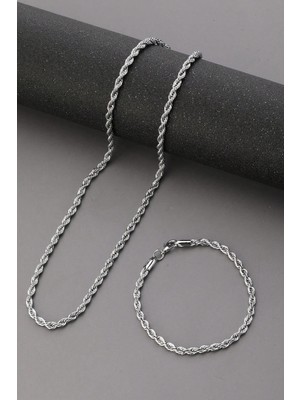 Bluem Paslanmaz Çelik Burgu Erkek Zincir Bileklik ve Kolye Seti - Ithal Kararmaz Zincir Kolye