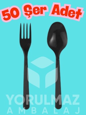 🖤🍴🥄 50 Siyah Çatal 50 Siyah Kaşık Seti – 100 Parça Lüks Plastik Kullan At