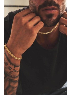 Bluem Paslanmaz Çelik Sarı Burgu Erkek Zincir Bileklik ve Kolye Seti - Ithal Kararmaz Zincir Kolye