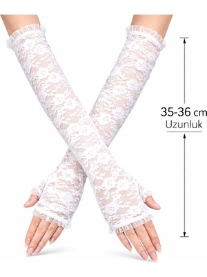 Pazarcan Uzun Zarif Dantel Eldiven Parmaksız Beyaz 35 cm
