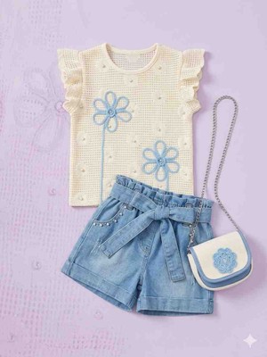 12314 Sealy Kids Örgü Motif Çantalı Şortlu Kız Çocuk Takım