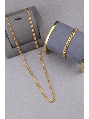 Bluem Paslanmaz Çelik Sarı Arpa Erkek Kolye ve Bileklik Zincir Seti - Ithal Kararmaz Çelik