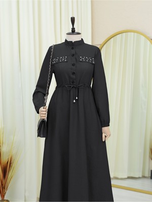 Modamorfo Cepleri Taşlı Beli Bağlamalı Kolu Lastikli Elbise  -Siyah