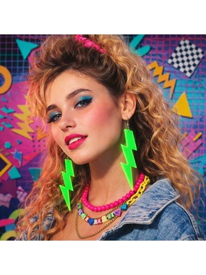Azrlya 80 Ler 90 Lar Retro Neon Yeşil Şimşek Küpe 10 cm