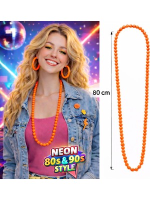 Azrlya Neon Turuncu Boncuk Kolye 80 cm – Retro 80’ler 90’lar Parti Aksesuarı
