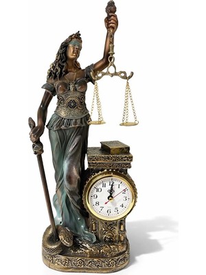 Hediyesahibi Adalet Tanrıçası Figürlü Dekoratif Masa Saati – Terazili ve Kılıçlı Bronz Görünümlü Biblo Saat