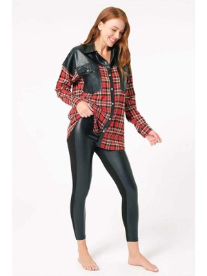 Aria's Closet Arias Closet Pamuklu Ekose Çıtçıtlı Uzun Kol Cepli Gömlek ve Deri Görünümlü Tayt Takımı