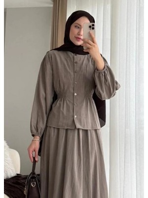 Miraydin Butik Beli Lastikli Gömlekli Etekli Takım M25148 - Vizon