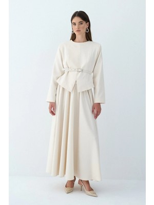 Miraydin Butik Kadın Double Krep Kumaş Şık Ceket ve Etek Takım Küf Yeşili - Ekru