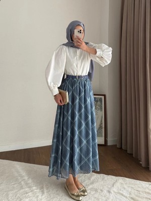 Miraydin Butik Desenli ve Kemerli Şifon Etek - Mavi