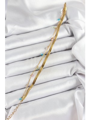 Bucuks Mey Ithalat® 316L Çelik Gold Renk Karışık Renkli Kristal Taşlı 2'li Kadın Bileklik